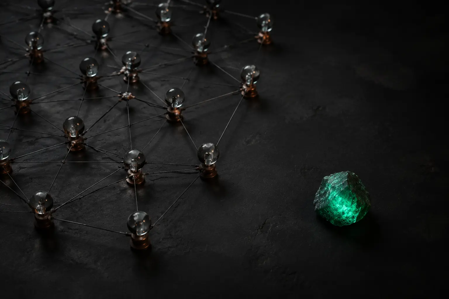 A luminous mineral node sitting apart from a connected network of glass nodes